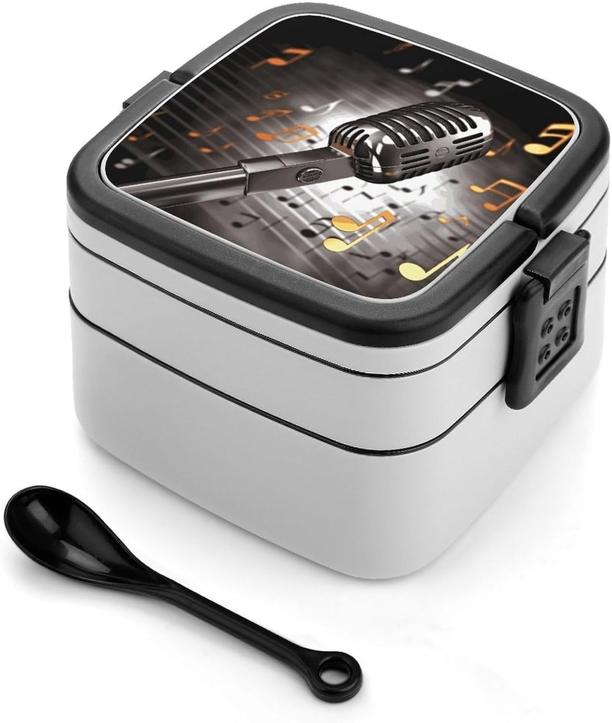 Microphone with Music Notes Bento Box Adult Lunch Box All-in-One Lunch Containers with Removable Compartments Double Layer Bento Lunch Box with Spoon And Handle Stackable Lunchbox