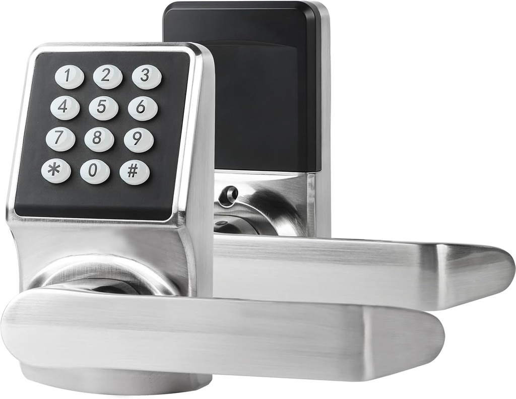 Keyless Entry Door Lock with Handle, Keypad Lock, IC Card & Key, Easy Installation, Satin Nickel