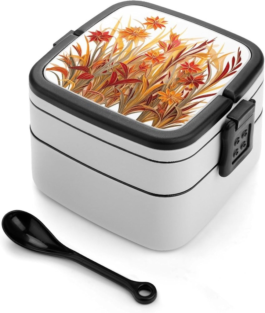 Grass Pattern Bento Box Adult Lunch Box All-in-One Lunch Containers with Removable Compartments Double Layer Bento Lunch Box with Spoon And Handle Stackable Lunchbox