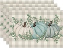 Artoid Mode Pumpkins Eucalyptus Leaves Fall Placemats Set of 4, 12x18 Inch Autumn Thanksgiving Harvest Vintage Table Mat for Party Dining Decoration