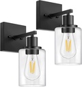 Wall Sconces Set of Two, Matte Black Bathroom Light Fixtures, Farmhouse Wall Lights Set, Vanity Lights with Clear Glass Shade for Bedroom Living Room Mirror Hallway Kitchen E26 Base (No Bulbs)