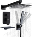10 inch Matte Black Shower System with Tub Spout, Shower Faucet Set with Rain Shower Head and Handheld 3-Setting, Waterfall Bathtub Spout Rainfall Shower Combo Set for Bathroom Wall Mounted