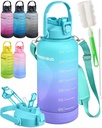 1 Gallon Water Bottle Removable Straw And Handle Dishwasher-Safe BPS & BPA & DEHP Free +2 Brushes Big/Large Bottle With Time Markers Wide Mouth Leakproof 128 oz Jug (Turquoise & Purple)
