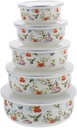 Cabilock Fresh Bowl Set 5-Piece Enamel Soup Bowls with Lids Thickened Food Storage Containers for Home Use Red Vintage Design