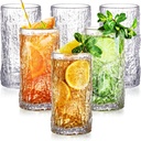 Set of 6 Textured Drinking Glasses, 10 oz Embossed Highball Water Glasses, Iced Tea Beverage Glass Thick Heavy Base, Vintage Glassware Sturdy Drinkware for Juice, Milk, Coffee, Dishwasher Safe