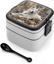 A White Dog Bento Box Adult Lunch Box All-in-One Lunch Containers with Removable Compartments Double Layer Bento Lunch Box with Spoon And Handle Stackable Lunchbox