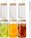 Castuvy Drinking Glasses with Bamboo Lids and Glass Straw, 16 Oz Glass Cups for Coffe, Beer, Cute Tumbler Cup for Soda Boba Tea Cocktail, coming 2 Cleaning Brushes, Pack of 6