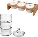 MyGIFT(3 Pcs) 3.5-Inch Ceramic Condiment Dip Sauce Ramekins Set w/Lids & Spoons on Bamboo Sampler Serving Tray & MyGift 16 inch 3 Tier Stacking Apothecary Jars, Round Glass Candy and Cookie Dishes