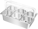 Countertop Food Serving Display Container and Clear Roll Top Cover, Stainless Steel Ice Food Serving Tray 6 Pans, Chilled Buffet Condiment Dispenser Display Stand for Restaurant Hotel