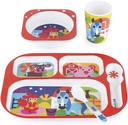French Bull 4pc Toddler Kids Feeding Melamine Tableware Flatware BPA Free Dishwasher Safe, Durable Plate, Cup, bowl, Divided Tray Dinnerware Set, Farm