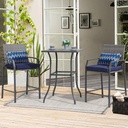 JOIVI 3 Piece Patio Bar Set, Outdoor Wicker Counter Height Bar Stools and Wood Top Table Set for 2 People, Bar Height Table Bistro Set with 2 Bar Chairs and Cushions for Backyard, Balcony