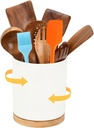 Modern Ceramic Kitchen Utensil Holder, White Ribbed Design with Bamboo Base, 360-Degree Rotating, 6.1 x 6.9 inch, Multi-Purpose Storage Crock (White)