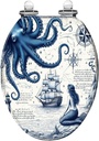 Elongated Toilet Seat Blue Nautical Octopus Navy Mermaid Funny Ocean Kraken Cool Anchor Slow Close Soft Close Strong Stainless Steel Hinges Resin Toilet Seat Replacement Bathroom Accessories