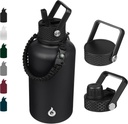 BJPKPK Half Gallon Insulated Water Bottles with Straw Lid, 64oz Large Water Jug, Stainless Steel Bottles with 3 Lids and Paracord Handle, Thermo for Hot & Cold Liquid, Black