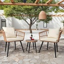 3 Piece Patio Bistro Set, Outdoor Rattan Furniture Set W/ 2 Chairs and Glass Table All-Weather Rattan Patio Conversation Set for Porch, Backyard, Balcony(Beige)