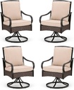 PHI VILLA Patio Swivel Chairs Set of 4, Heavy Duty Outdoor Metal Wicker Dining Chair with Thickened Cushions, Large All Weather Wrought Iron Deck Chair Lawn Furniture Support 300lbs