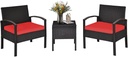 DORTALA 3 Piece Wicker Patio Furniture Set, Outdoor Conversation Bistro Sets with Rattan Chairs & Storage Table for Backyard Porch Garden Poolside, Red