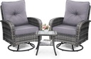 Luxury Outdoor Swivel Wicker Glider Patio Chairs with Table Set, Overstuffed Washable Cushions, Ideal for Porch, Balcony, Deck, Grey Rattan and Grey Cushion