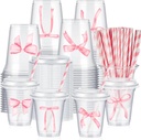 60 Set Pink Bow Plastic Cups Bulk 14 oz Disposable Clear Cups with Lids and Paper Straws for Pink Bow Party Birthday Supplies Favor Decorations