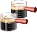 2 Pack Espresso Measuring Cups Glass, Small Measuring Double Shot Glass with Wood Handle, Clear Accessories, Coffee Measuring Cup, with V-Shaped Mouth, Milk Pitcher