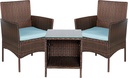 BTEXPERT Outdoor Wicker Patio Conversation 3 Piece Bistro Set Garden Yard Porch Furniture Space Saving Rattan Two Chairs Cushions Side Storage Tempered Glass Table Brown 3pc Set