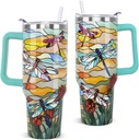 Dragonfly Tumbler with Handle and Straw 40 oz Dragonfly Coffee Travel Mug Medieval Glass Style Insulated Cup Water Bottle Dragonflies Stuff Gifts Decor for Women