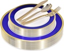 125-Piece White, Blue, and Gold Fancy Plastic Plates Disposable with Silverware, Elegant Dinnerware for Weddings, Holiday Party China, Set of 25 Dinner + Salad Plates, 25 Spoons, 25 Forks, 25 Knives