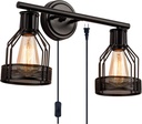 Industrial Bathroom Vanity Light 2 Lights Retro Cage Wall Sconce with Cord Metal Shade Vintage Wall Lights Fixtures for Indoor Home Dressing Table Mirror Cabinet (Bulb Not Included)(Black 2 Lights)