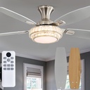 Ceiling Fans with Lights-Crystal Ceiling Fan,52" Low Profile Ceiling Fan and Remote Control, Flush Mount, Reversible, 3CCT, Dimmable, Noiseless, Brushed Nickel for Bedroom