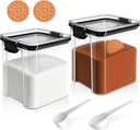 Airtight Brown Sugar Container 950ml (2-Pack) Clear Storage Jars with 2 Brown Sugar Keeper, 20ml & 30ml Measuring Scoops - Stackable Kitchen Canister for Baking, Salt, Snacks