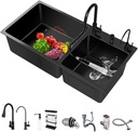 Kitchen Sink 26＂ Stainless Steel Undermount Double Bowl Workstation Deep in kitchen sink with Pull down faucet and Sink Accessories (Black, 26.7x14.9IN)