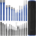 WORKPRO 30 PCS Heavy Duty Punch and Chisel Set with Roll Pouch, Cold & Cape Chisel, Center, Pin & Taper Punch, and Gauge, Blackened and Painted Finish for Durability