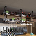 Ceiling Wine Glass Rack - 55.1in Hanging Wine Rack with Glass Holder and Shelf, 2 Layer Industrial Hanging Wine Bottle Holder, Black Metal Ceiling Shelf for Bar Cafe Kitchen (Black, 55.1×11.8×31.4in)