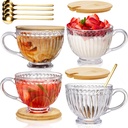 Glass Vintage Latte Mugs Set of 4, 12 Oz Ribbed Cups with Bamboo Lids and Spoons for Cappuccino, Tea, Hot and Cold Drinks, Embossed Breakfast Cup Gift for Coffee, Espresso, Juice, Milk
