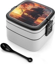 Ocean Ship Sunset Stackable Bento Box for Adults Double Layer Lunch Boxes Set with Spoon And Invisible Handle