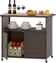 Tangkula Rattan Outdoor Storage Cabinet, Patiojoy PE Wicker Outdoor Cabinet with Acacia Wood Countertop, Open Compartment, Storage Shelf, Outdoor Bar with 4 Wheels for Garden Backyard Deck