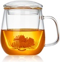 Glass Tea Cup with Infuser and Lid, 17.6oz/520ml Large Borosilicate Teacup,Tea Glass, Clear Mug for Loose Leaf Tea, Blooming Tea, Microwave & Dishwasher Safe - Tea Maker Gift for Birthday