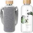 50 Oz Glass Water Bottle Wide Mouth with Time Markers, Bamboo Lid, Neoprene Sleeve Bpa Free