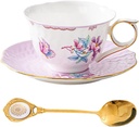 Tea Cup and Saucer Set, Floral Butterfly Vintage Tea Cup with Gold Trim, Bone China Teacup with Saucer and Spoon, Porcelain Coffee Cup Set for Women and Tea Party, 6.8 oz