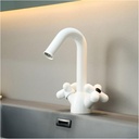 Bathroom Sink Faucet, Brass Basin Taps with 2-Modes, Flower Shaped Handle Bathroom Mixer Faucet with Flip Bubbler for Vanity Lavatory,White