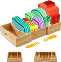 Expandable Food Container Lid Organizers Inside Cabinet, Bamboo Lids Organizer with 3 Adjustable Dividers Groove Design, Food Storage Plastic Lid Holder for Kitchen Storage, Organization
