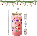 Cold Color Changing Christmas Cup 16oz， Lights Iced Christmas Icon Glass Cup，Impressivey With Bamboo Leakproof Lid & Reusablestraw Cute Matcha Glasses For Travel Coffee Drinking Tumbler