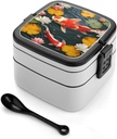 All-in-One Bento Box Stackable Leak-Proof Lunch Box With Carry Handle 2 Layer Portable Meal Prep Container Red Carp Fish Lunchbox with Utensils for Dining Out Work