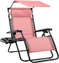 Best Choice Products Folding Zero Gravity Outdoor Recliner Patio Lounge Chair w/Adjustable Canopy Shade, Headrest, Side Accessory Tray, Textilene Mesh - Pink