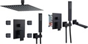 Ceiling Mounted Mixer Shower Faucet 12’’ Square Rainfall Shower Head with 4 Body Spray Jets Matte Black Bathtub Faucet with Hand Held Sprayer and Swivel Tub Filler Single Handle Dual Functions