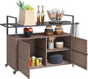 Outsunny PE Rattan Outdoor Storage Cabinet, Wicker Outdoor Bar Table Kitchen Island with Wheels & 2-Tier Shelf, Patio Serving Cart with Glass Top, Handles, Towel Racks for Poolside, Mixed Brown